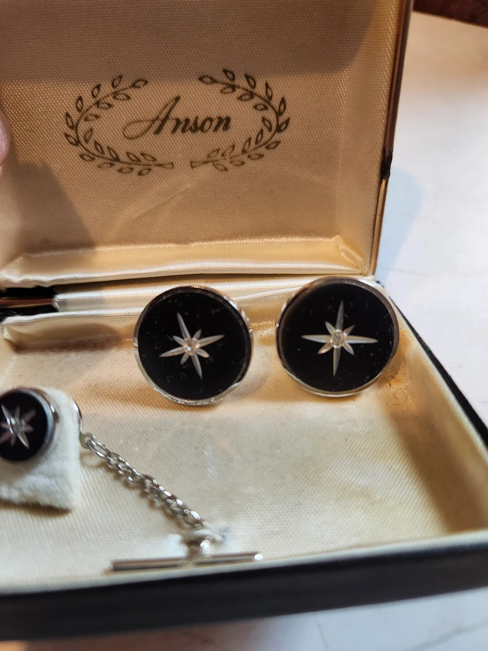 Vintage Anson Black Onyx Starburst Cufflinks and Tie Tack Set